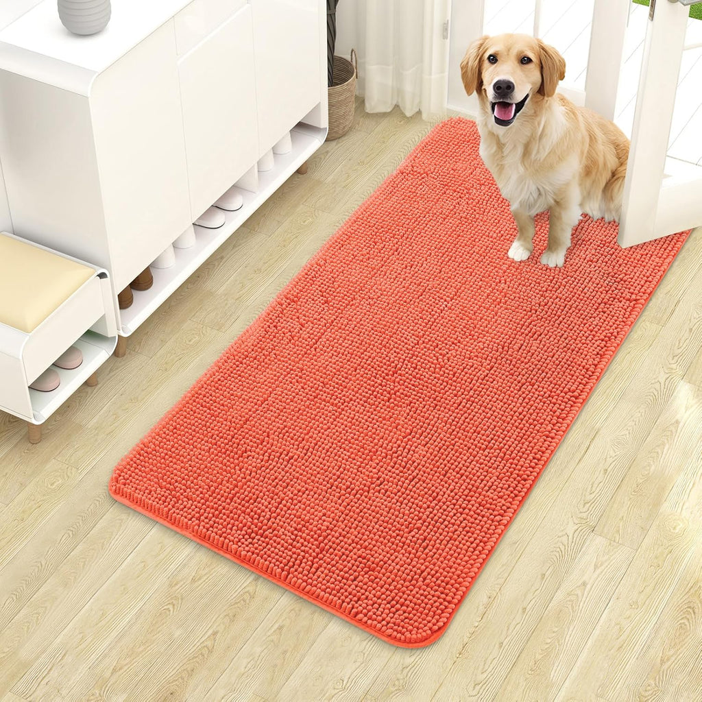 OLANLY Dog Door Mat - Absorbent Non-Slip Washable Chenille Mat for Muddy Paws | 40x24 Coral