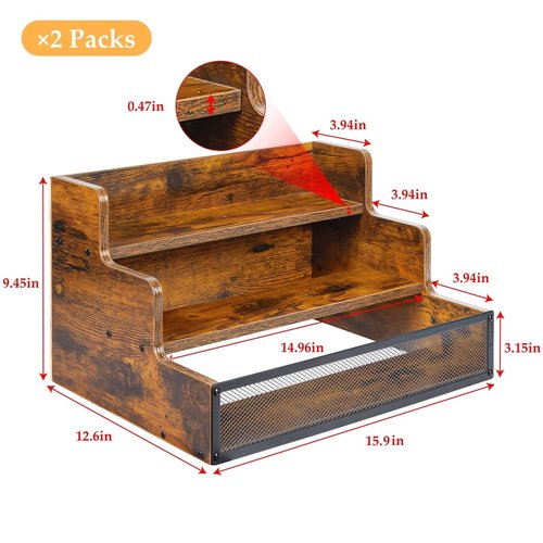2 Pack 3 Step Countertop Liquor Bottle Display Shelf, Wood Bar Shelves 12 Bottles with Fences, Freestanding Storage Shelves for Liquor Whiskey Wine Coffee Syrup Display, Retro Wine Rack Home