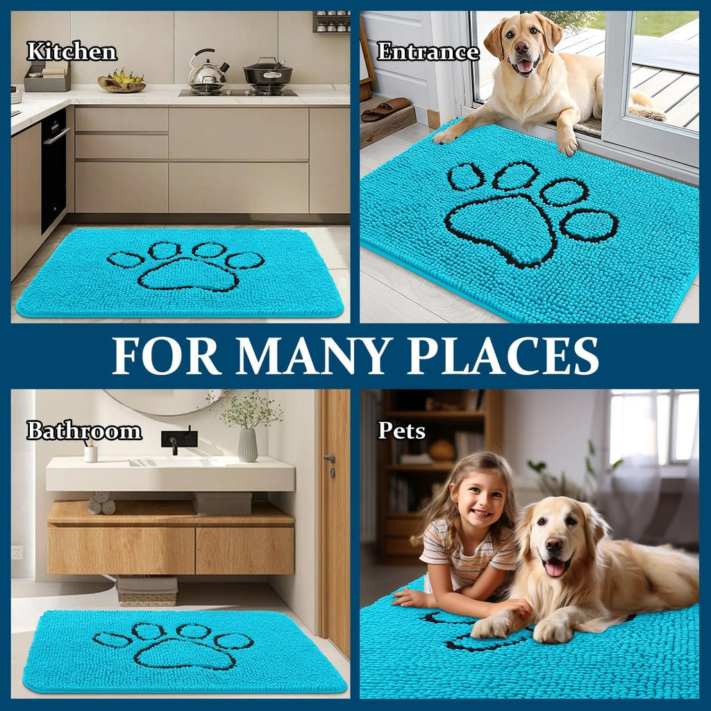 OLANLY Dog Door Mat - Absorbent Non-Slip Mud Mat for Dogs | Paw Print Design, Aqua Blue 30x20