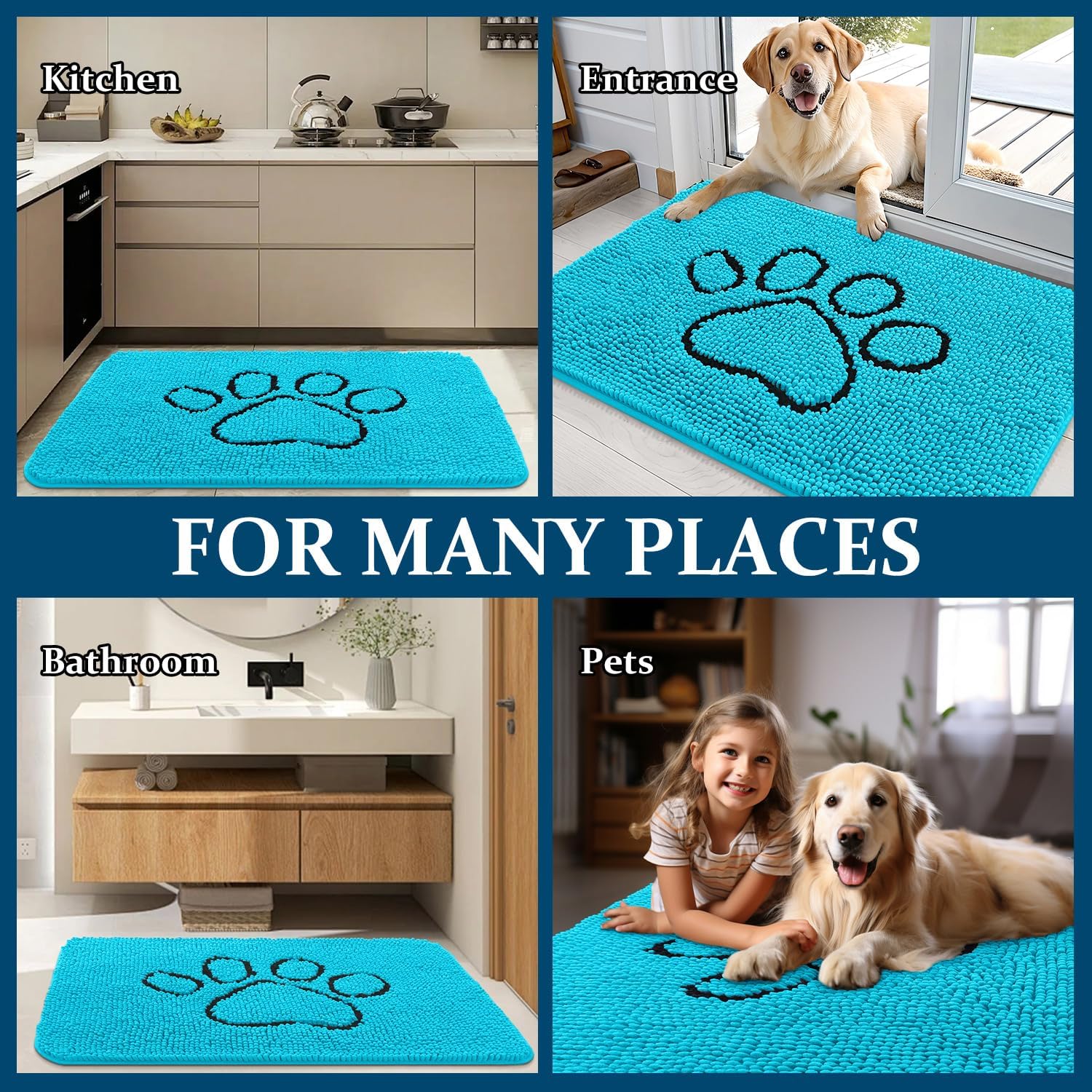 OLANLY Dog Door Mat - Absorbent Non-Slip Mud Mat for Dogs | Paw Print Design, Aqua Blue 30x20