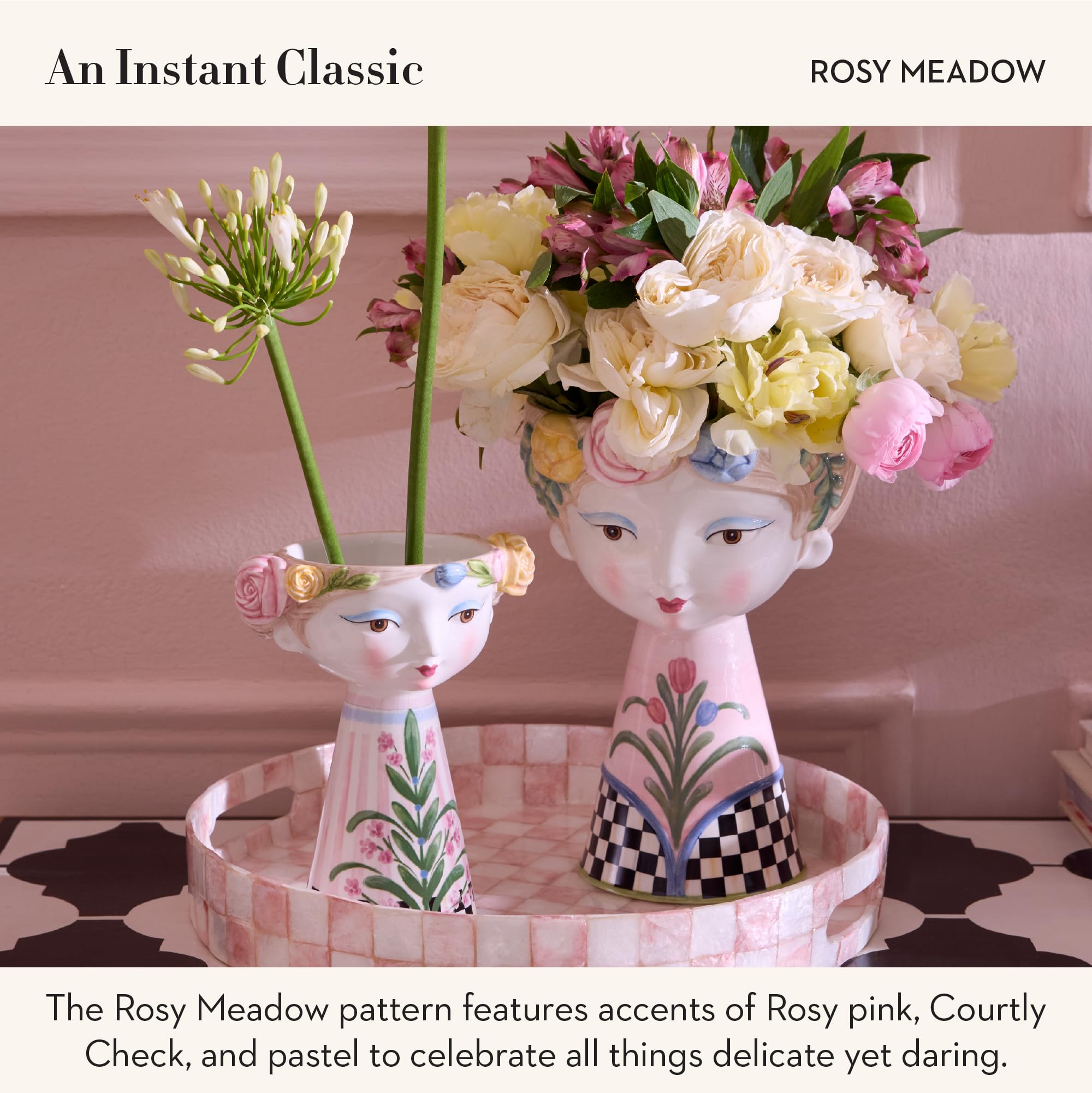 MACKENZIE-CHILDS Ceramic Vase, Unique Decorative Vase, Short, Rosy Meadow Lady