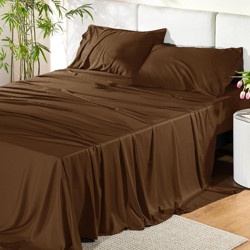 Bedsure Cooling California King Sheet Set - Breathable Rayon from Bamboo, Soft & Silky, Deep Pocket Up to 16 Inches, Brown