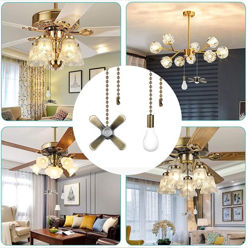 SUR-CIEL 2PCS Ceiling Fan Pull Chain, Bulb and Fan Pattern Pull Chain Extension, Ceiling Fan Pull Chain Extender, Light Fan Pulls Chain with 12 Inches 3mm Diameter Beaded Ball Connector, Bronze