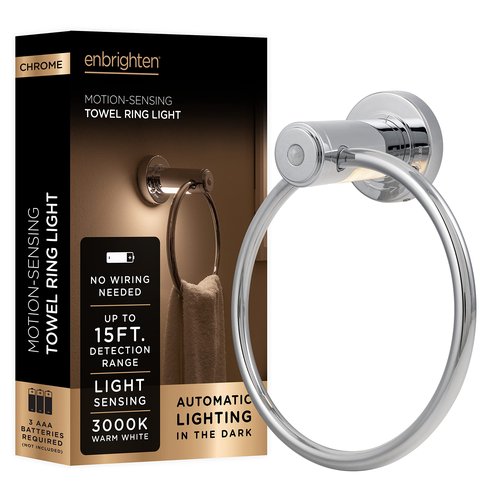 Enbrighten Towel Ring, Motion Sensing, Night Light, Battery Operated, Bathroom Lighting, Towel Holder, Hand Towel Holder, Towel Hanger for Bathroom, Kitchen, Chrome, 77235-P1