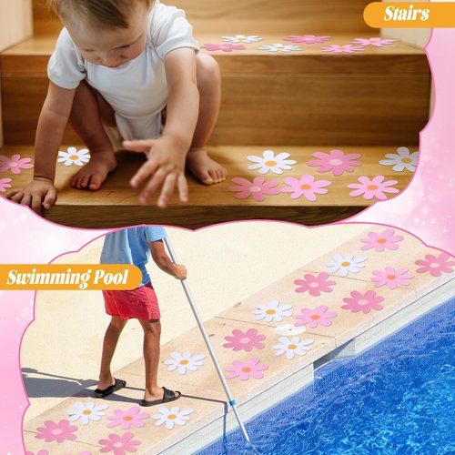 Chiisong 24 Pcs Flower Non Slip Bathtub Sticker Daisy Skidproof Shower Sticker Anti Slip Shower Decals Bathe Treads Adhesive Appliques Scraper Bright Flower Adhesive Decal for Bathroom Decor(Pink)