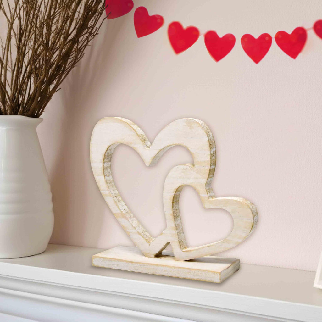 Rustic Wooden Double Heart Tabletop Decor – Interlocking Hearts Wedding Centerpiece, Engagement, Bridal Shower & Anniversary Party Decoration Gift