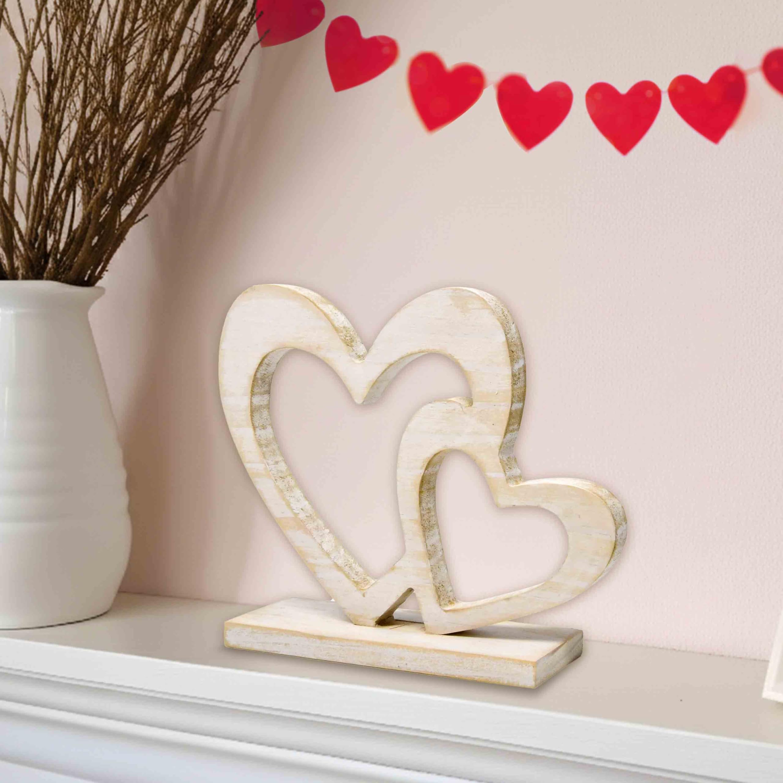 Rustic Wooden Double Heart Tabletop Decor – Interlocking Hearts Wedding Centerpiece, Engagement, Bridal Shower & Anniversary Party Decoration Gift