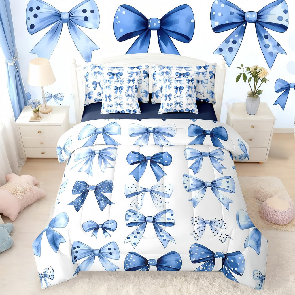 Erosebridal Kids Blue Bow Comforter Set with Sheets Twin Size Princess Bow Tie Girls Bed in A Bag Ultra Soft Butterfly Knot 7 Pieces Bed Set Bedroom Decor Fairy Tale Theme Girlish Room Decor