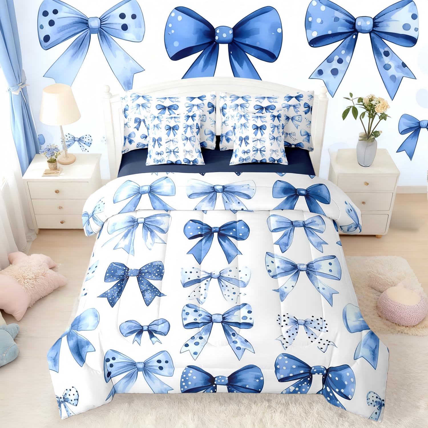 Erosebridal Kids Blue Bow Comforter Set with Sheets Twin Size Princess Bow Tie Girls Bed in A Bag Ultra Soft Butterfly Knot 7 Pieces Bed Set Bedroom Decor Fairy Tale Theme Girlish Room Decor