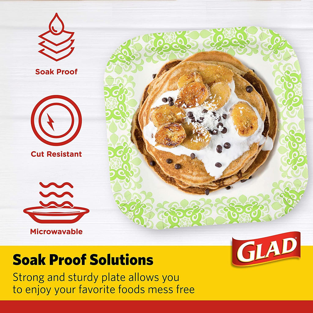 Glad Square Heavy Duty Paper Plates Soak Proof Cut Proof Microwaveable Disposable Plates Parties Everyday Meals Green Victorian Floral Pattern 10 Inch 50 Count 6 Pack Pantry Stocking Bulk Value