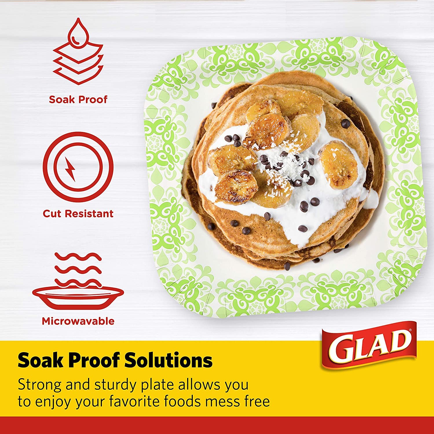 Glad Square Heavy Duty Paper Plates Soak Proof Cut Proof Microwaveable Disposable Plates Parties Everyday Meals Green Victorian Floral Pattern 10 Inch 50 Count 6 Pack Pantry Stocking Bulk Value