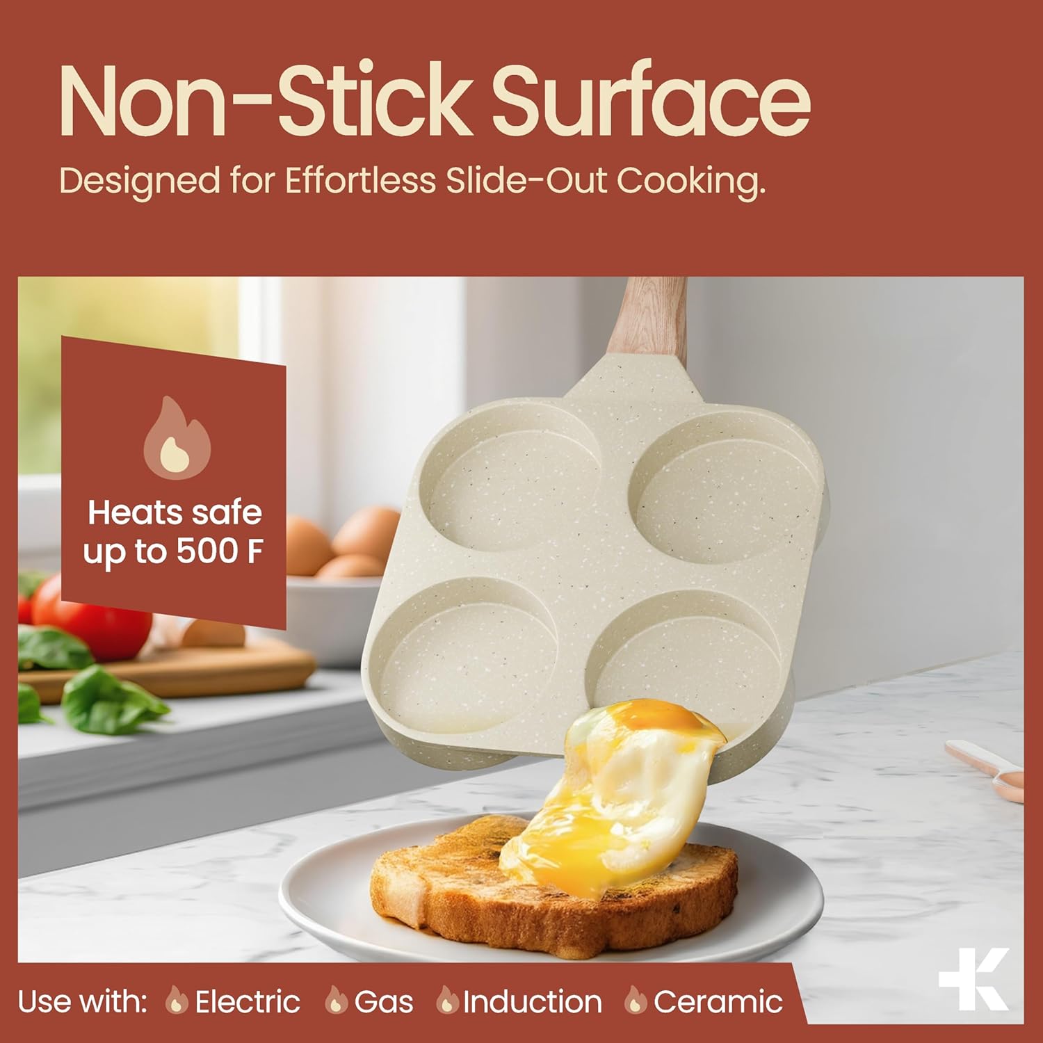 White Marble Nonstick Frying Egg Pan by [Brand Name] - 4-Cup Die-Cast Aluminum, PFOS & PFOA Free, Heat-Resistant Handle
