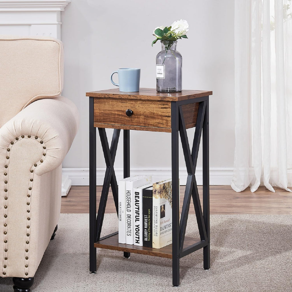 VECELO End Table 28 Inch Tall End Table Easy Assembly Side Table Nightstand Storage Shelf for Living Room Bedroom Kitchen Stable Wood and Metal Frame,Dark Brown