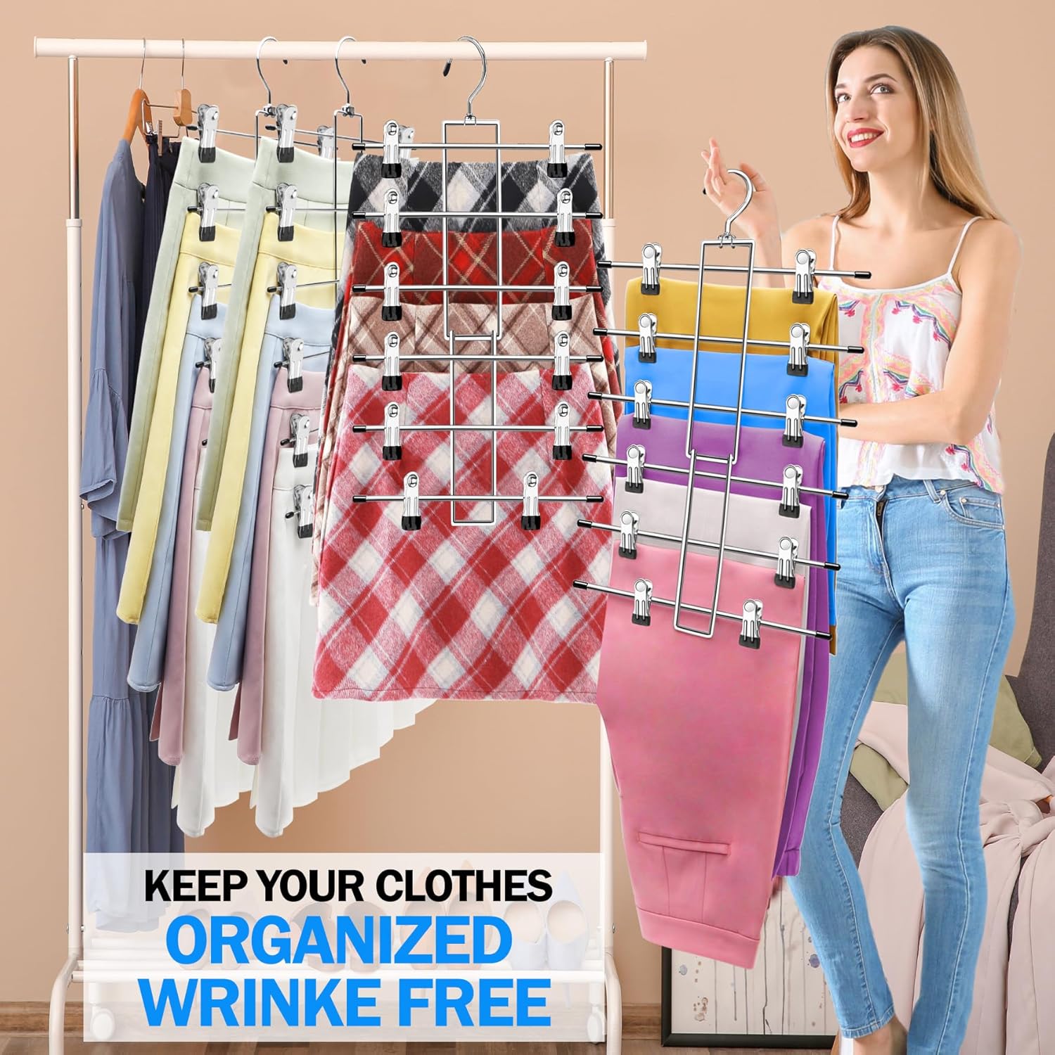 Skiennix 3-Pack Closet Organizers - 6-Tier Skirt & Pants Hangers with Clips | Space-Saving Storage for Home & Dorm