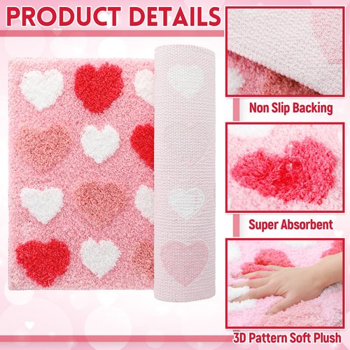 Tioncy Valentine's Day Bathroom Mat Tufted Pink Heart Bath Rug Soft Love Heart Red Pink White Bath Rugs Absorbent Non Slip Washable Mat for Bedroom Bathroom Valentine's Day Decor 16''x 24''