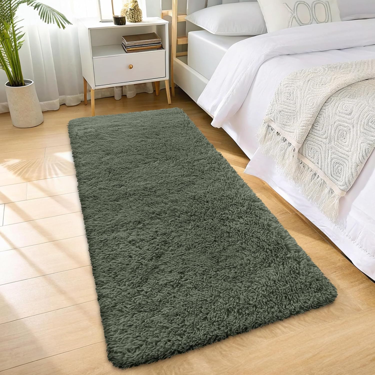 OLANLY Runner Rugs - Soft, Machine Washable Shaggy Design for Hallway & Bedroom | Olive Green 2x6 ft