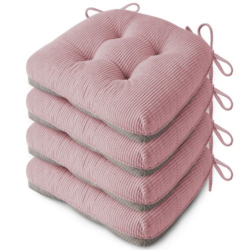 FlyGulls Indoor Kitchen Chair Cushions Set of 4 18"X16.5"X3" Soft Anti Slip Dining Chair Pads Tufted Kitchen Seat Cushion with Ties, Light Pink