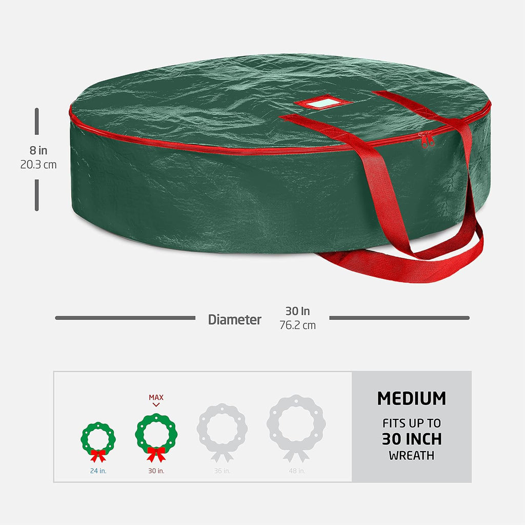 ZOBER Wreath Storage Bag - 30 Inch Durable Container for Artificial Wreaths - Dual Zipper & Strong Handles - Green