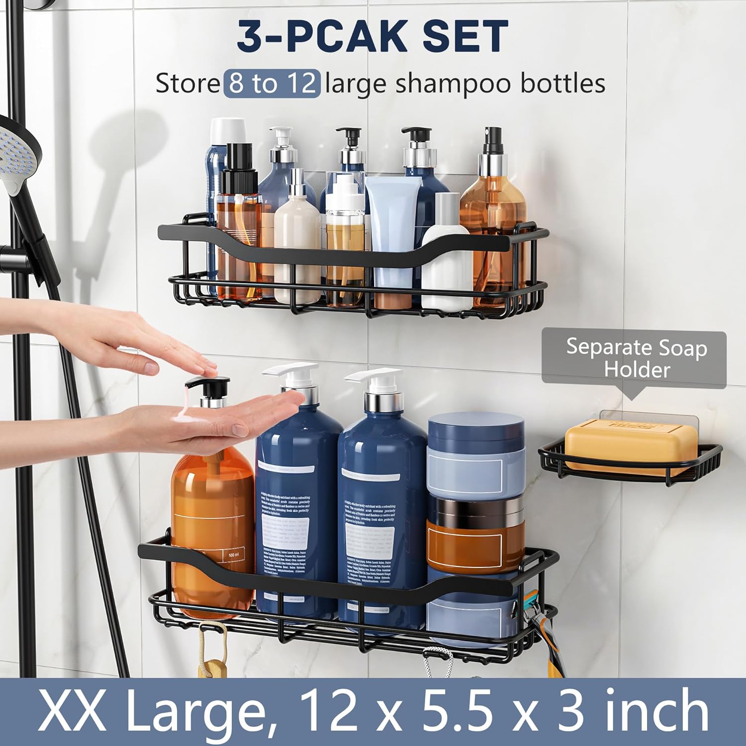 OMAIRA Shower Caddy - 3-Pack Rustproof Organizer with Soap Holder for Smooth Walls | Black, X-Large
