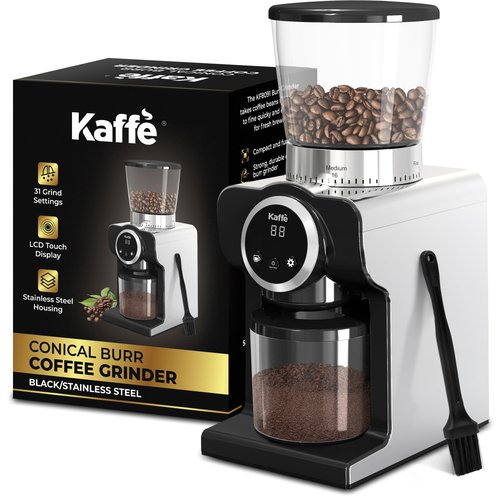 Kaffe Electric Burr Coffee Grinder (9oz) w/ 31 Adjustable Coarseness Settings - Conical Burr - [New Touch Screen w/Timer & Cup Selector] - Precision Coffee Bean Grinder for Home Use - Stainless Steel