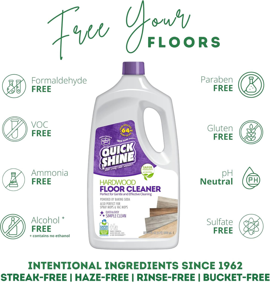 Quick Shine Hardwood Floor Cleaner 64oz - Streak-Free, No Rinse Formula | Perfect for Spray & Vac Mops