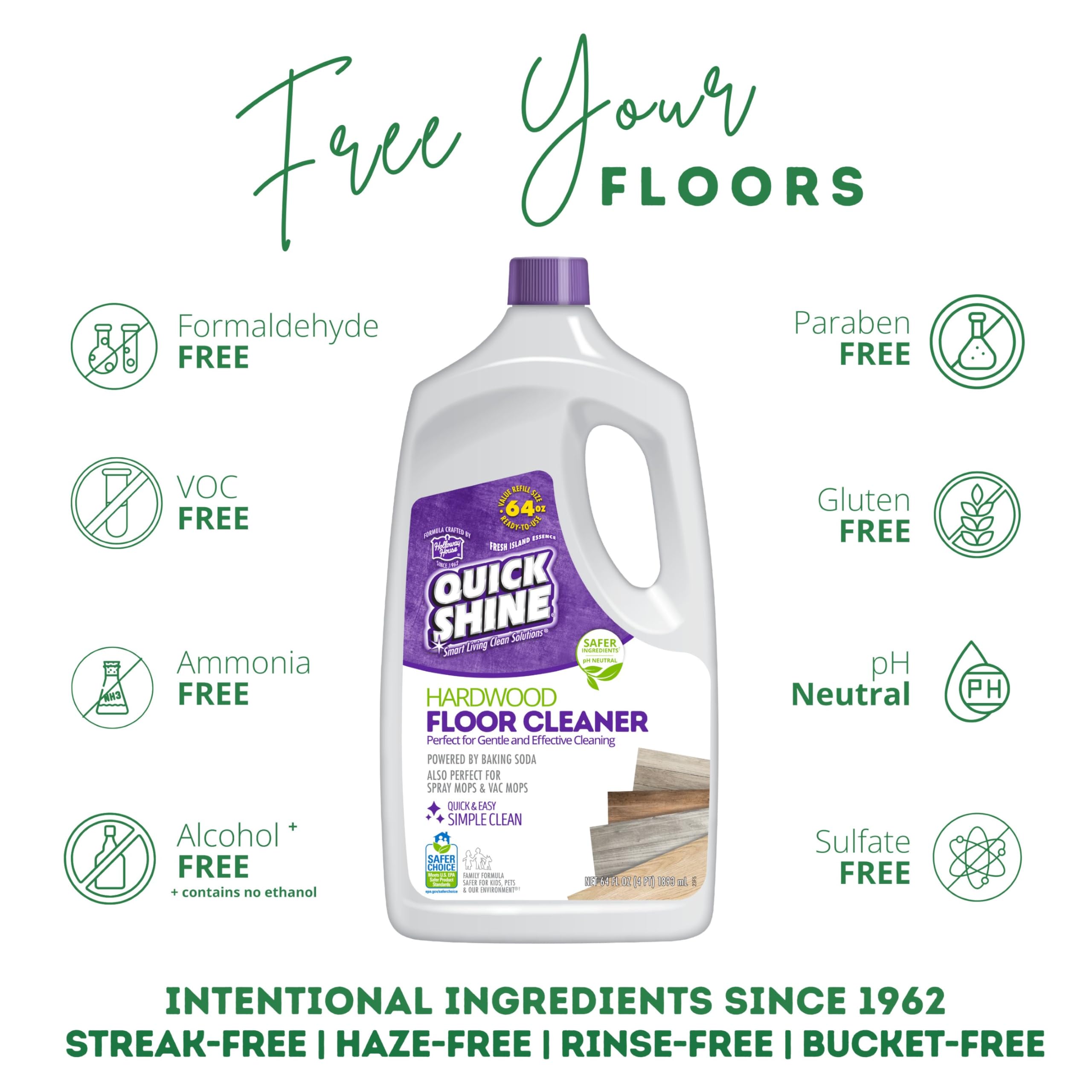 Quick Shine Hardwood Floor Cleaner 64oz | Use in Spray & Vac Mops | Removes Dirt & Scuff Marks | Ready-to-Use, Streak Free, No Rinse | Safer Choice Cleaner |Perfect for Gentle and Effective Cleaning