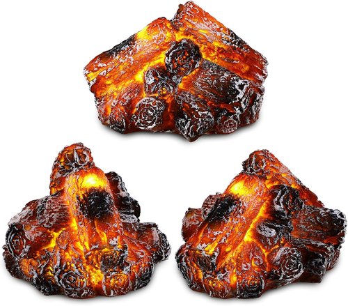 Glooglitter Flameless Fireplace Lights - 3D Realistic Log Flame Simulation | 3 Pcs Charcoal Decor