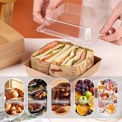 CADVJXZ 100 Pack Charcuterie Boxes with Clear Lids, 5.4 Inch Mini To Go Charcuterie Food Containers+200 Cocktail Picks+100 Lables, Disposable Paper Sandwich Bakery Dessert Boxes for Salads,Cookie
