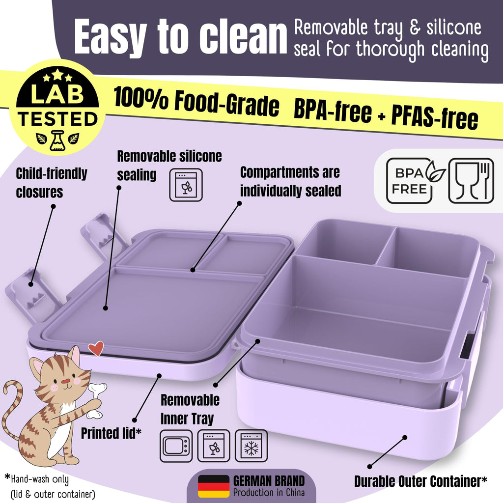 BEARFOOT Kids Lunch Box with Compartments – Compact & Lightweight | Leak-Proof, BPA-Free, Dishwasher Safe | Hand-Drawn Design for Preschool, School, Travel (BubbleTea Purple, 4 Cups)