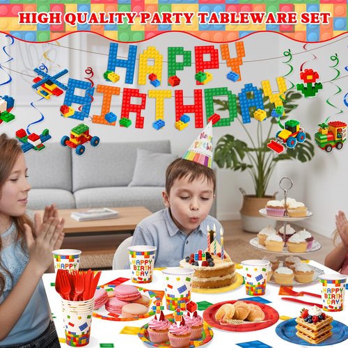 197 Pcs Building Blocks Birthday Paper Plates Tableware Set (Serves 24), Colorful Blocks Supplies Include Banner Pendant Plates Napkins Cups Forks Knives Tablecloth Topper Balloons For Kids Party
