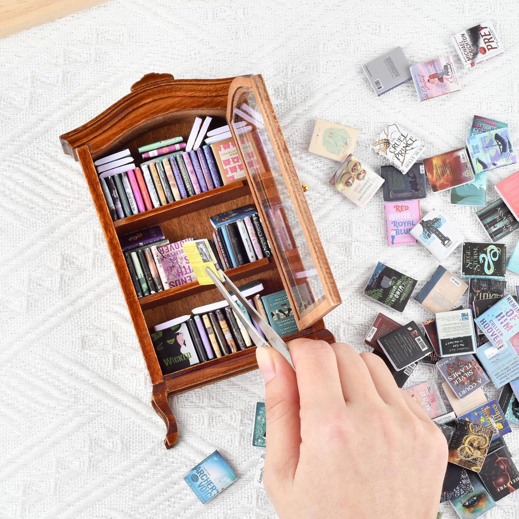 Skiennix Miniature Bookshelf - Unique Stress Relief Bookcase with 100+ Miniature Books | Perfect Gift for Book Lovers