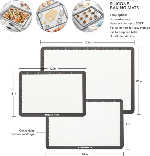 KitchenAid Silicone Baking Mat - Medium 9x14-Inch, Non-Stick Gray Surface for Easy Baking