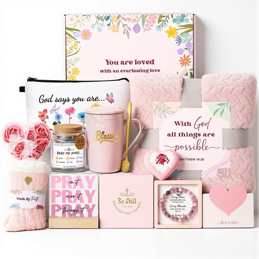 Christian Gifts for Women Faith, Religious Inspirational Catholic Encouragement Gift Sets, Unique Spiritual Christmas Birthday Gift Basket for Her Mom Grandma Sister Aunt Teacher Friend Wife w/Blanket