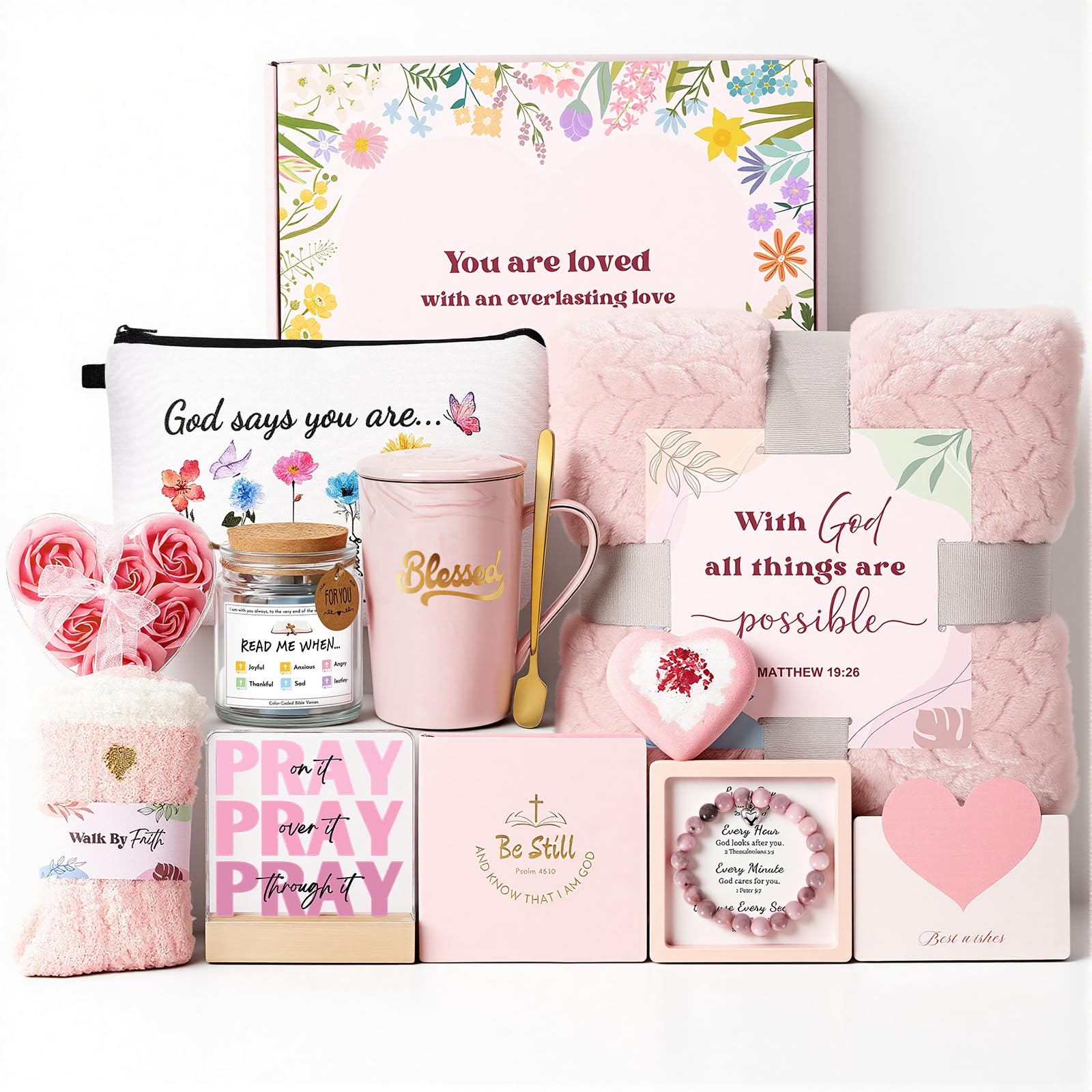 Christian Gifts for Women Faith, Religious Inspirational Catholic Encouragement Gift Sets, Unique Spiritual Christmas Birthday Gift Basket for Her Mom Grandma Sister Aunt Teacher Friend Wife w/Blanket