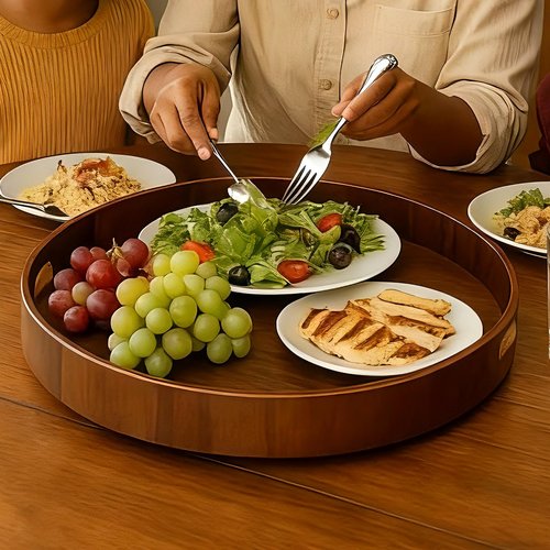 i-lan 16-inch Wooden Lazy Susan Turntable - Large Decorative Rotating Tray Made of Walnut Wood with Dual Handles & Silent Bearing for Kitchen Dining Organizer