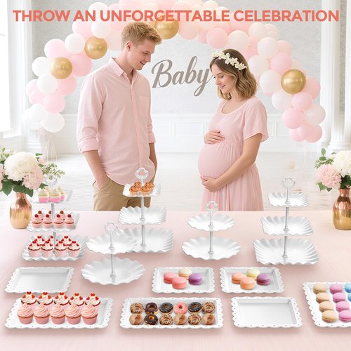 12Pcs Dessert Table Display Set, Cupcake Stand, 3-Tier Cup Cake Tower Stands & 2-Tiered Cake Holder, Treat Food Platters Serving Trays for Tea Party, Baby Shower, Bridal, Wedding, Birthday, Plastic