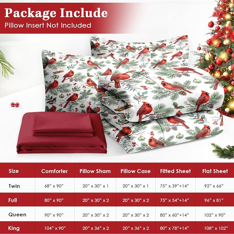 Queen Christmas Comforter Set with Sheets - 7 Pieces, Cardinal Variation