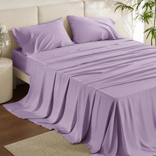 Bedsure Cooling California King Sheet Set - Breathable Rayon from Bamboo, Soft & Silky, Deep Pocket, Lilac