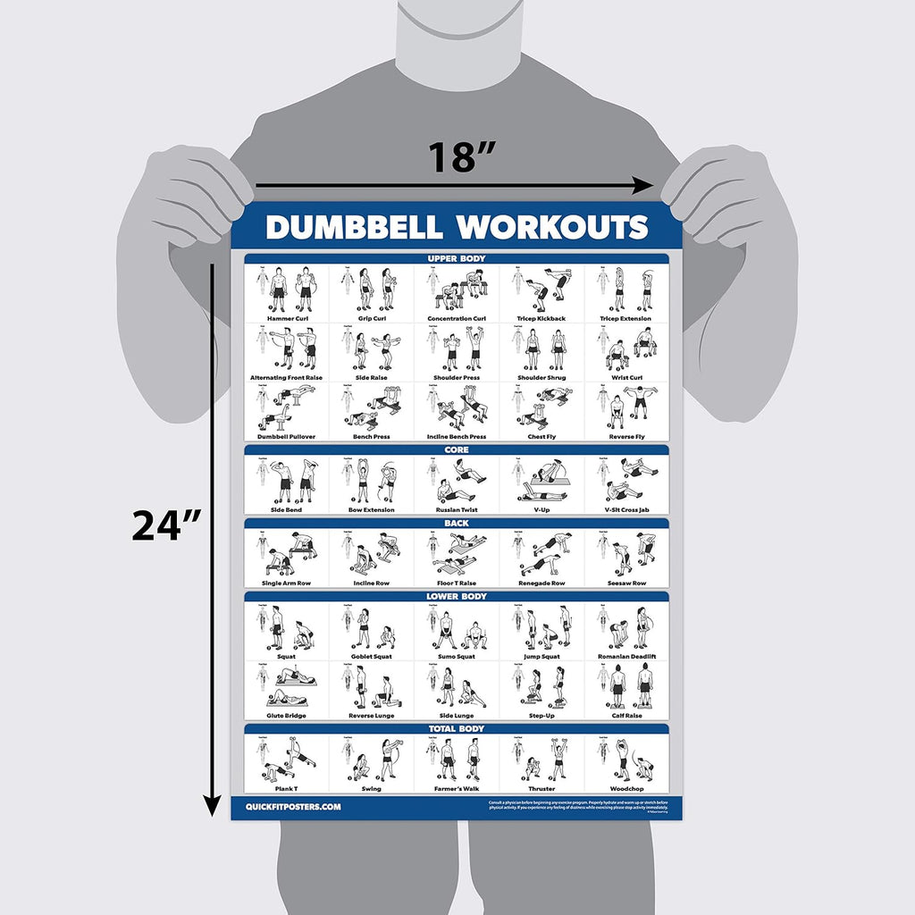 Palace Learning Dumbbell Workout Posters Set - 4 Pack with Resistance Bands Exercise Chart