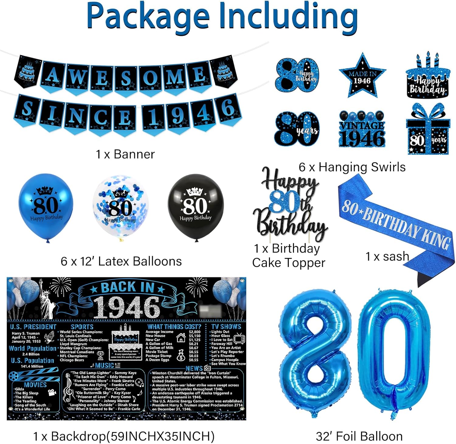 Trgowaul 80th Birthday Decorations - 20PCS Black & Blue Party Supplies Set | Banner, Sash, Cake Topper & Balloons