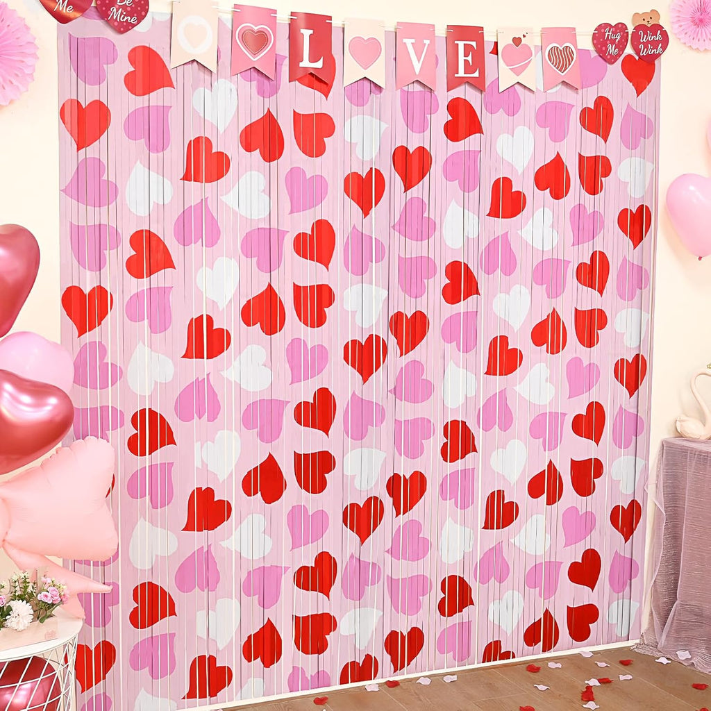 Mega-L Birthday Party Decorations - 2 Pack Red, Pink & White Heart Foil Fringe Curtains | 3.3x6.6 ft Tinsel Backdrop