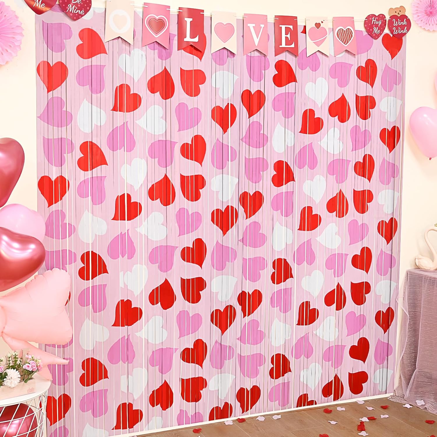 Mega-L Birthday Party Decorations - 2 Pack Red, Pink & White Heart Foil Fringe Curtains | 3.3x6.6 ft Tinsel Backdrop