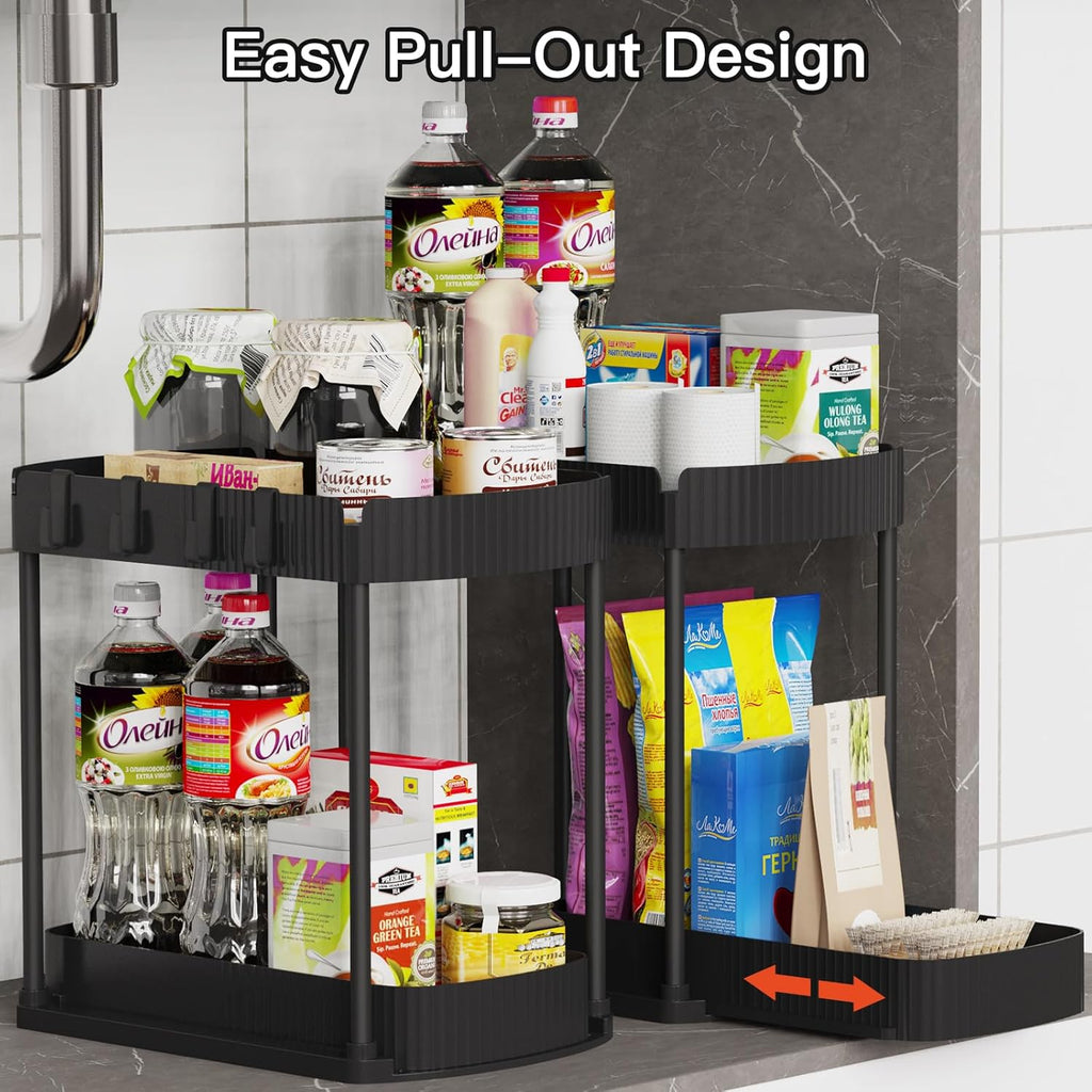 Ukeetap Multi-Purpose Pull-Out Storage Organizers - Under Sink & Cabinet Storage for Bathroom & Kitchen | Black, 12.8 Inches, 2 Packs