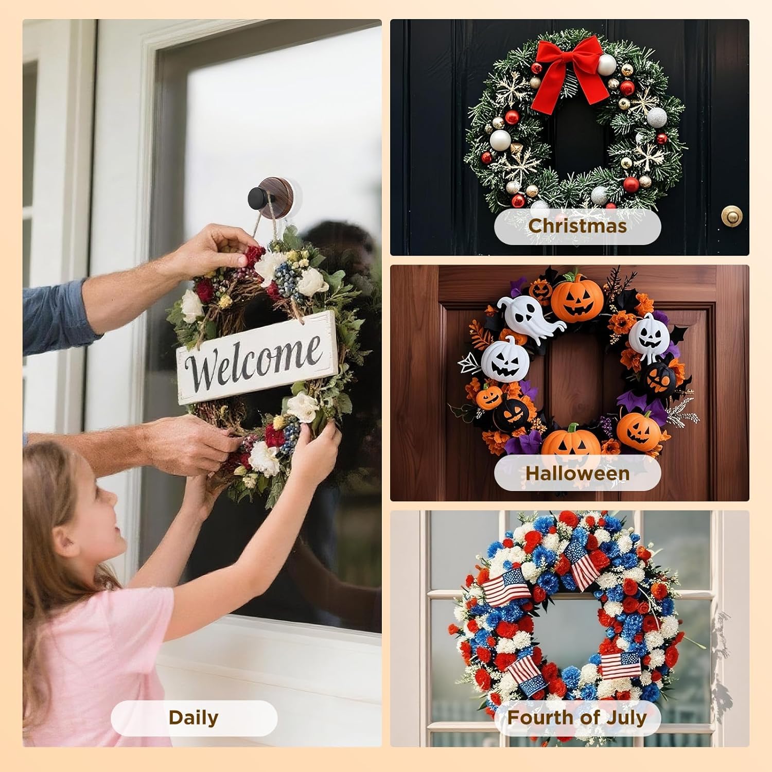 OUTXE Suction Cup Wreath Hanger - Heavy Duty Hook for Front Door & Glass Window | 2-Pack, Walnut