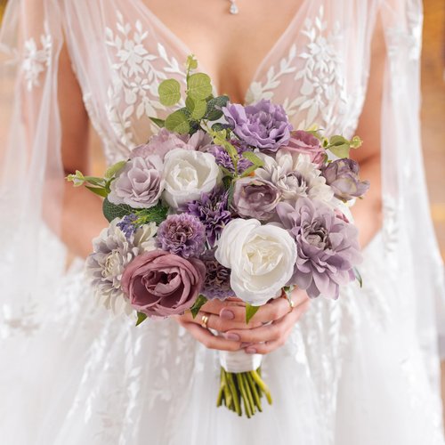 Khyxvbcd 30 Pcs Artificial Flowers Combo Purple Flowers Mix Silk Flowers Dahlia Roses with Stems for DIY Wedding Bridal Bouquets, Baby Shower, Floral Arrangement, Table Centerpieces, Home Decorations