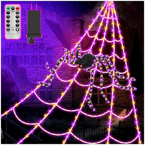 LCHUANG Spider Webs Halloween Decor Lights - 450 LEDs Outdoor Halloween String Lights with 60" Light Up Spider,8 Modes Remote Control 16.4Ft Spiderweb,Waterproof (New Orange-Purple Grid Luminous Net)