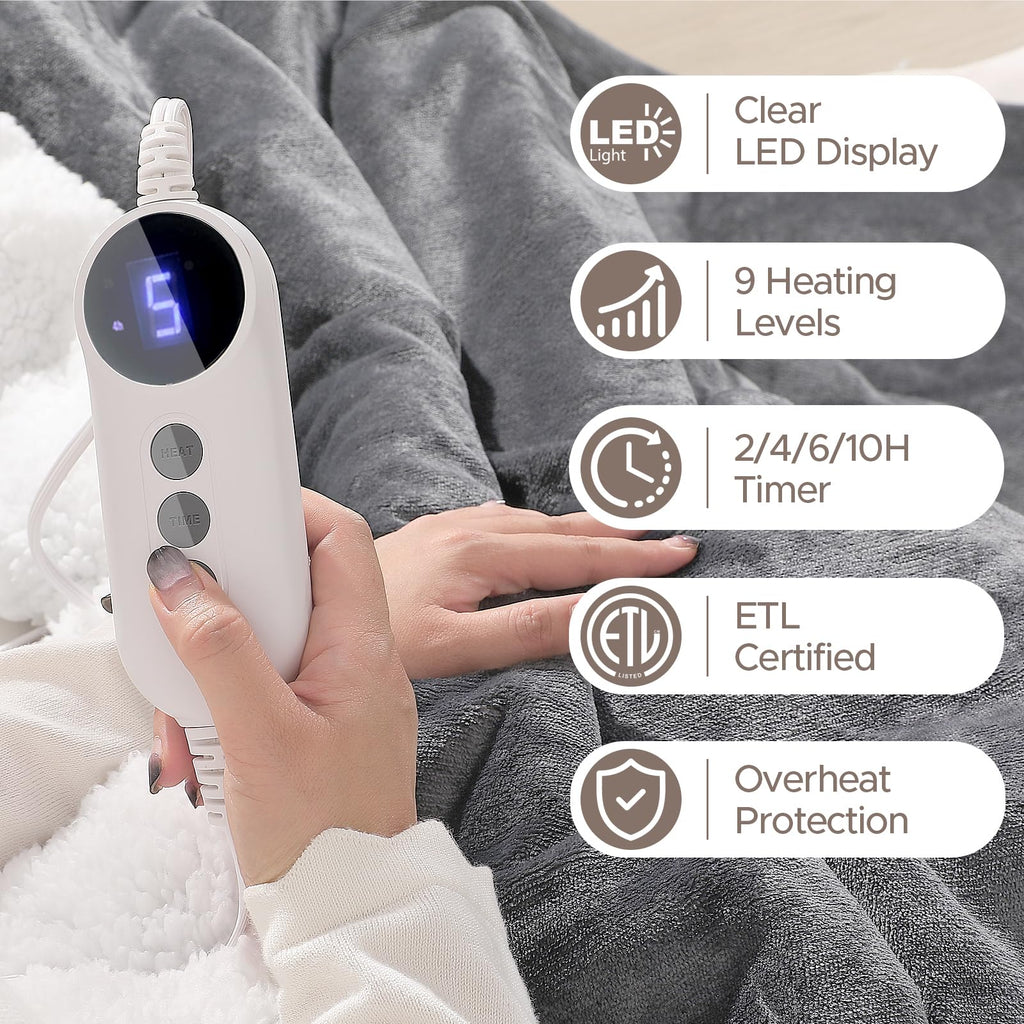 STHYTON Heated Blanket 72"x84" Full Size, Dual-Sided with Soft Flannel & Sherpa Fabric, Electric Blanket with 9 Heating Levels & 2-10 Hours Auto Off, Machine Washable, Light Gray