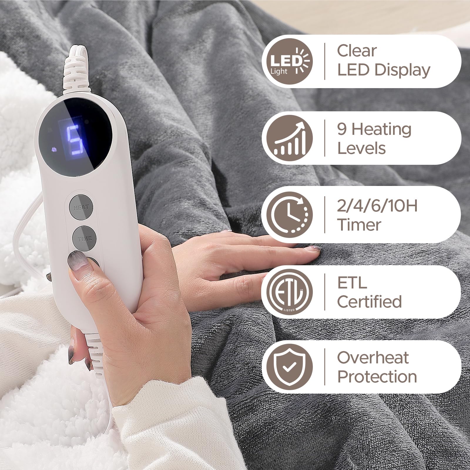 STHYTON Heated Blanket 72"x84" Full Size, Dual-Sided with Soft Flannel & Sherpa Fabric, Electric Blanket with 9 Heating Levels & 2-10 Hours Auto Off, Machine Washable, Light Gray