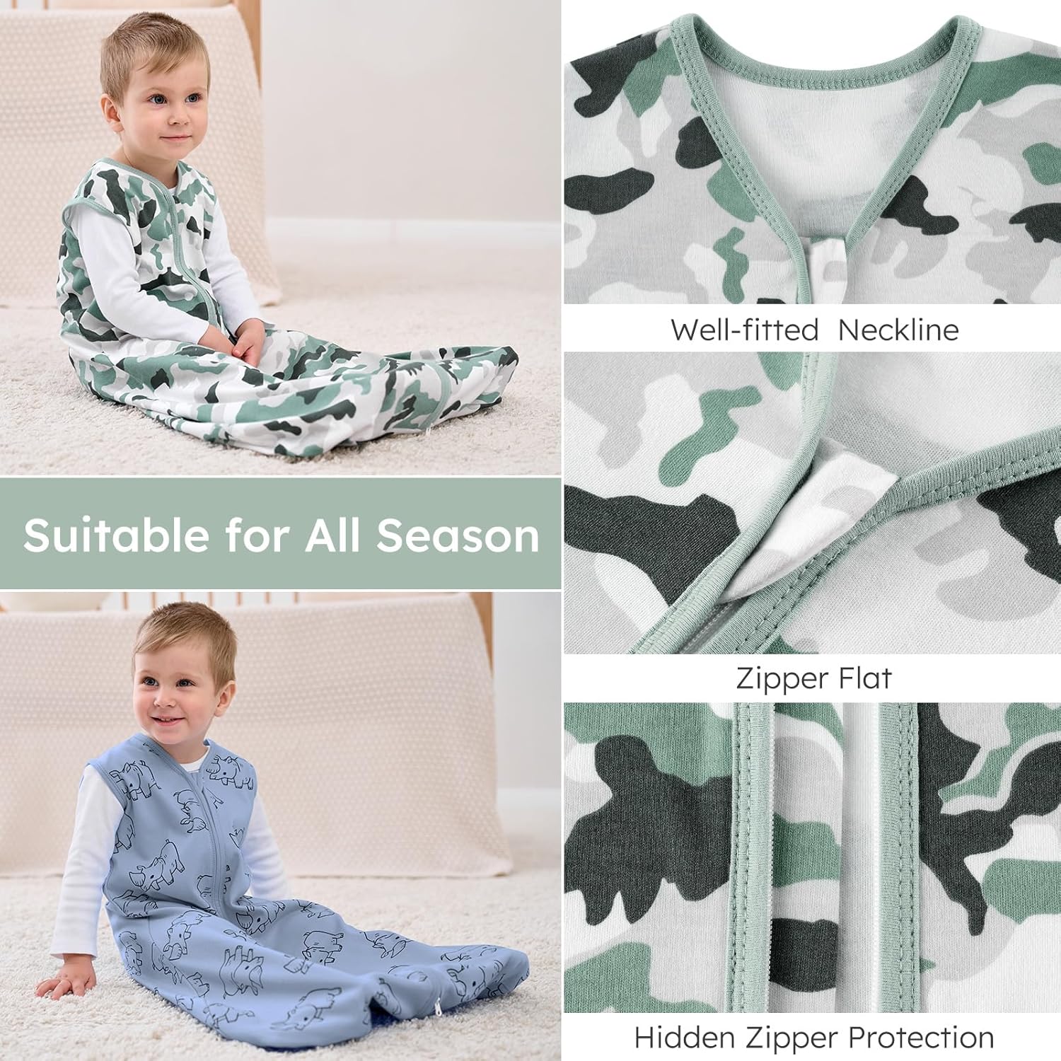 Yoofoss Baby Sleep Sack - 100% Organic Cotton Wearable Blanket for 0-6 Months | 2-Way Zipper, 3 Pack