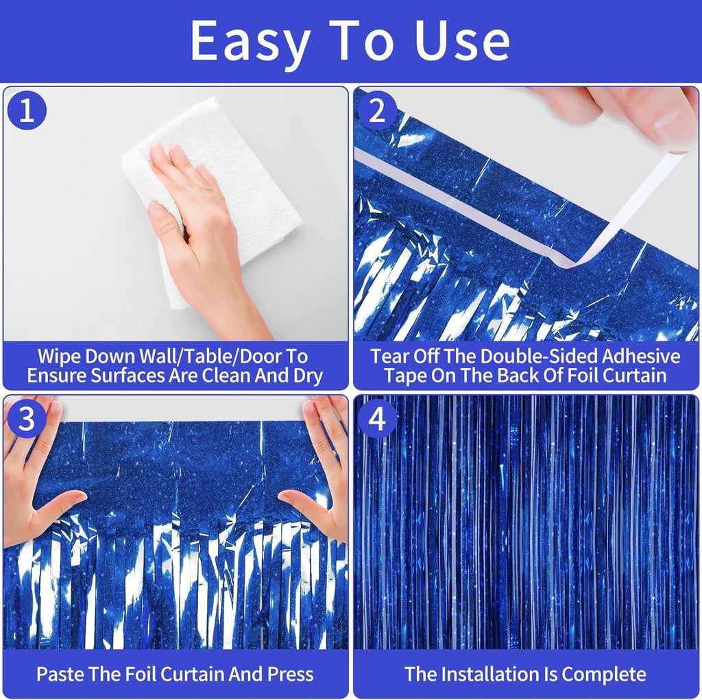Picoway Foil Fringe Tinsel Backdrop Curtains - 4 Pack for Birthday & Bachelorette Party Decor | Blue